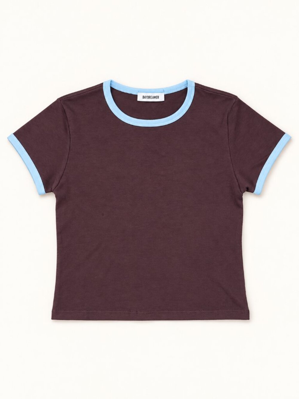 DAYDREAMER Ringer Tee in Chocolate / Pale Blue, Size M
